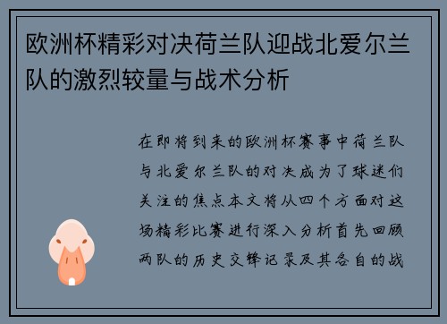 欧洲杯精彩对决荷兰队迎战北爱尔兰队的激烈较量与战术分析